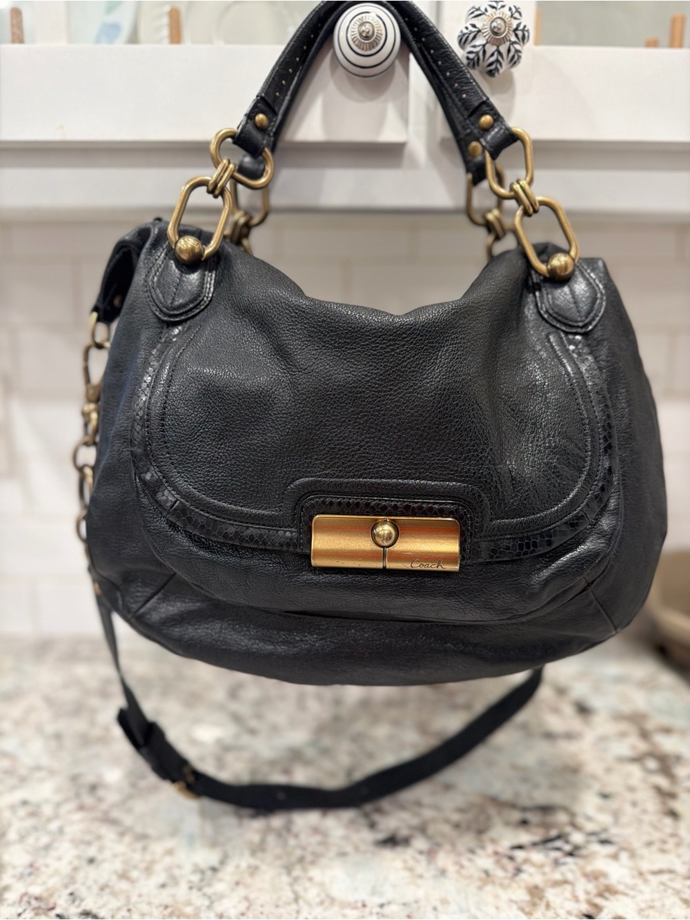 Coach y2k Black Leather Shoulder Hobo Bag with Brass Hardware